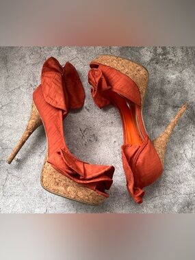 ECU Dollhouse Orange Fabric Cork Platform Heels with Ruffle Bow Detail
